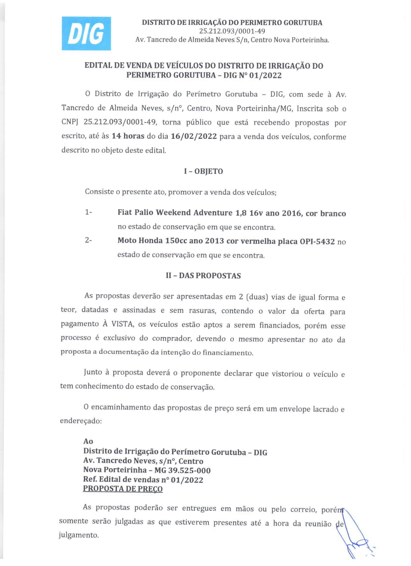 EDITAL VENDA DE VEÍCULOS DO DISTRITO DE IRRIGAÇÃO GORUTUBA Nº 01/2022